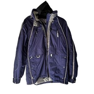 Killy Master Tech AWT Ski Jacket Navy Blue‎ Silver Trim Hooded Winter Sportswear